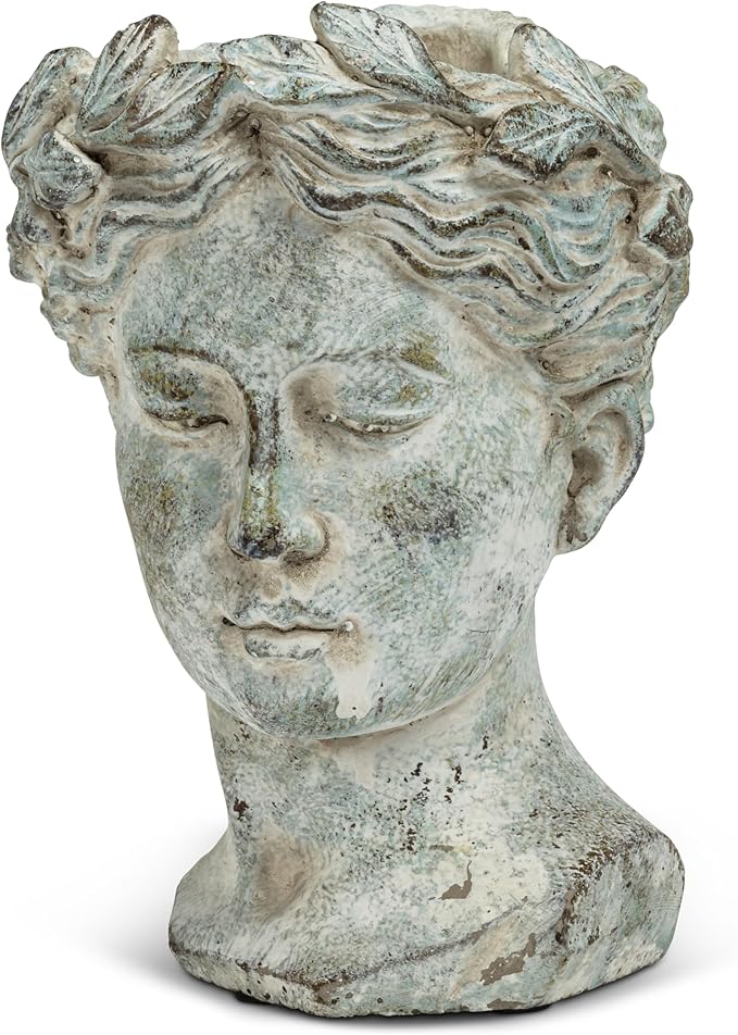 Abbott Collection Goddess Head Planter – Small Cement Indoor and Outdoor Planter Pot – Grecian Woman Statue Head Planter for Flowers and Succulents (Grey, 8.5" Tall, 3.5" Opening)