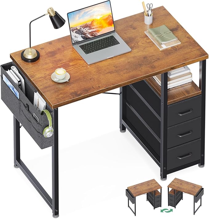 AODK 32 Inch Small Computer Desk with Fabric Drawers, Vintage | Mini Desk with Storage Shelf & Bag, Kids Study Desk for Bedroom, Home Office Desk for Small Space