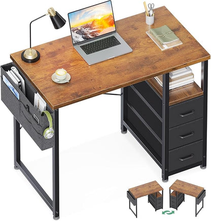 AODK 32 Inch Small Computer Desk with Fabric Drawers, Vintage | Mini Desk with Storage Shelf & Bag, Kids Study Desk for Bedroom, Home Office Desk for Small Space