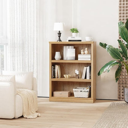 blini 3-Shelf Bookcase Wooden Bookshelves 33in Wide Floor Standing Display Storage Shelves Oak Bookcase for Home Office, Living Room, Bed Room