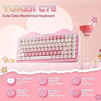 YUNZII C75 Cute 75% Wireless Mechanical Keyboard (Pink, Candy Switch) | Creamy Cake Keyboard, BT5.0/2.4G/USB-C, Hot-Swap, NKRO, PBT MOA Keycaps,5500mAh RGB Gasket Mount for Mac/Win/Gaming/Office