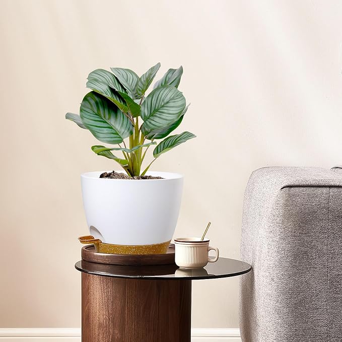 10 inch Self Watering Pots, 2 Pack Plastic Planters with Mesh Drainage Holes for Garden Plants, Plants Pots with Deep Reservoir for Indoor Outdoor Plants, White with Brown