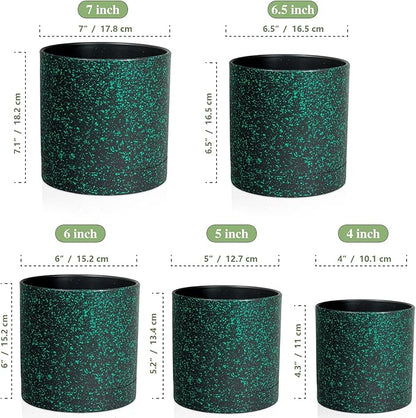7/6.5/6/5/4 inch Plant Pots, 5 Pack Cylinder Flower Pots for Small Indoor Outdoor Plants, Plastic Planters with Drainage Holes and Saucer for Garden Succulent Plants, Black With Green Speckles