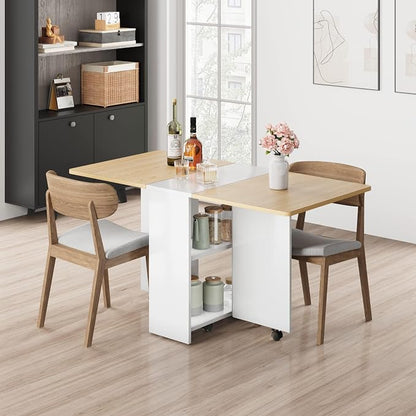 IDEALHOUSE FoldingTable, Drop Leaf Dining Table with 6 Wheels and 2-Layer Storage Shelf, Space Saving Table for Small Spaces (Natural Wood, 47.2" D x 23.6" W x 29.5" H)