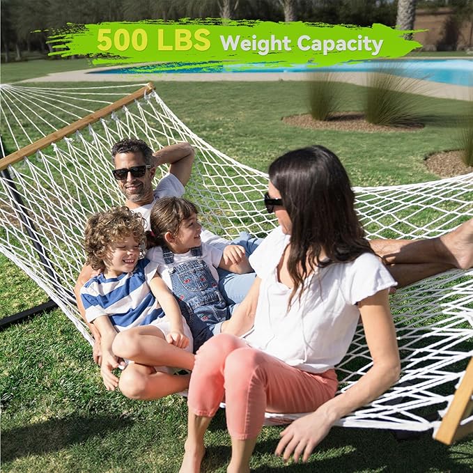 Double Hammock for 2 Person, Handwoven Rope Hammock with Spreader Bar Without Stand - Indoor & Outdoor Use for Patio, Poolside, Backyard (White)