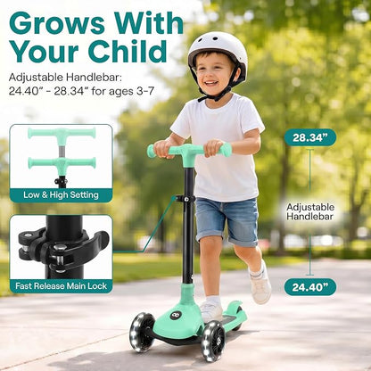 SereneLife Toddler Scooter, Adjustable Micro Scooter for Ages 2-5, Lightweight Kids 3 Wheel Design with LED Light-Up Wheels, Anti-Slip Deck & Lean-to-Steer Control, Indoor/Outdoor Use (Mint Green)