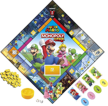Monopoly Junior Super Mario Edition Board Game, Fun Kids' Ages 5 and Up, Explore The Mushroom Kingdom as Mario, Peach, Yoshi, or Luigi (Amazon Exclusive)