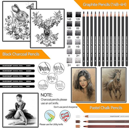 MARTCOLOR Drawing Sketching Pencils Set, 34 Pieces Pro Art Pencil Kit - Graphite Pencils (14B-4H), Charcoal Pencils, Charcoal Sticks, Artist Pencils for Beginners & Pro Artists