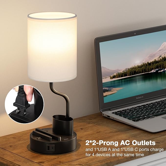 Fenmzee Bedside Lamps for Bedroom Set of 2 - Table Desk Lamp for Nightstand | 15" Table Lamp for Living Room with Pen Holder & Phone Stand, USB A+C Port, AC Outlet, 3 Color Temperature, LED Bulb Included