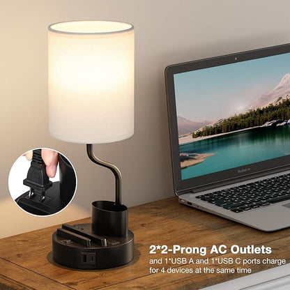 Fenmzee Bedside Lamps for Bedroom Set of 2 - Table Desk Lamp for Nightstand | 15" Table Lamp for Living Room with Pen Holder & Phone Stand, USB A+C Port, AC Outlet, 3 Color Temperature, LED Bulb Included
