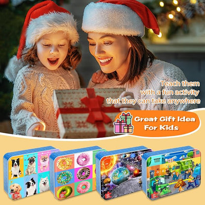 LELEMON Puzzles for Kids Ages 4-6,4-Pack 60 Piece Puzzles for Kids Ages 4-8 in a Metal Box,Donut Dogs Space Garbage Truck Educational Jigsaw Puzzles Puzzle Games Puzzle Toys for Girls and Boys