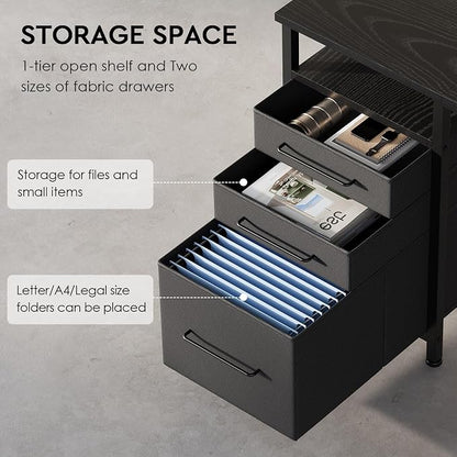Maihail Small Desk with Drawers, Office Desk with Storage Shelves, Black | 47 Inch Desktop, Metal Frame, 3 Fabric Drawers, Storage Shelves, Computer & Writing Desk, Office Gaming Workstation