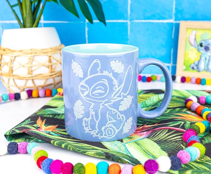 Silver Buffalo Disney Lilo and Stitch, Wax Resist Ceramic Pottery Mug, 20oz | Sitting Tropical Leaves, Cute But Cheeky, Etched Engraved, 0.59 Liters