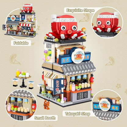 Japanese Street View Takoyaki Shop Mini Building Blocks, MOC Creative Japanese Toys for Girls 6-12 Years Old, 722 Pcs Simulation Architecture Construction Toy, Gift Idea for Kids Adults