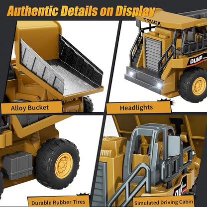 1:64 Mini Remote Control Dump Truck Toy, 2.4GHz RC Dump Truck with Metal Bed, LED Light & Music, Variable Speed, Type-C Charging, Includes 4 Road Barriers, Construction Vehicle Gift for Kids & Adults