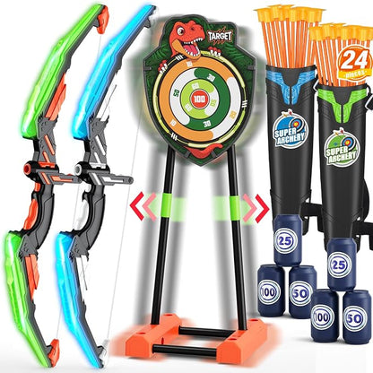 HYES 2 Pack Bow and Arrow with Moving Target for Kids, LED Light Up Archery Set with 24 Suction Cup Arrows, 6 Score Targets & 2 Quiver, Indoor Outdoor Sport Gifts for Boys Girls Ages 4-12