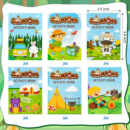 24Pcs Travel Camping Activity Books - Happy Camper Mini Fun Games Coloring Book Bulk Party Favors Goodie Bags Stuffers for Birthday Classroom School Students Rewards Supplies