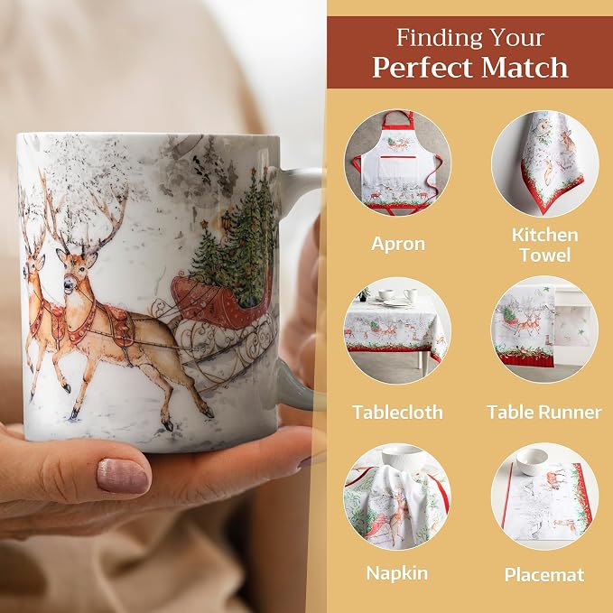 Maison d' Hermine Coffee Mug with Handles Tea Cups (15 Ounce, Pack of 1) | Fine Bone China Coffee Mugs for Hot Beverages Cappuccino Latte Home Hotel Spring Summer -Christmas Tradition - Reindeer