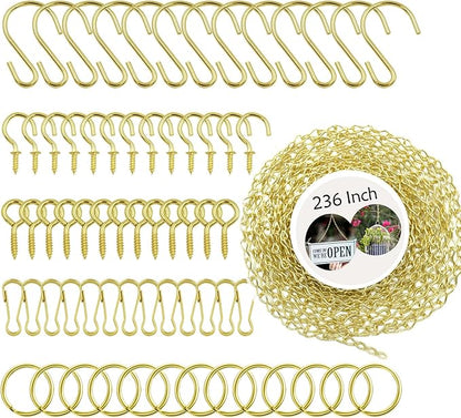 236 Inch Gold Hanging Baskets Chains - Adjustable Length, Brass Decorative Metal Chain with A Great Assortment of Hooks for Hanging Bird Feeders Planters Baskets Billboards Ornaments, Chain Hooks DIY