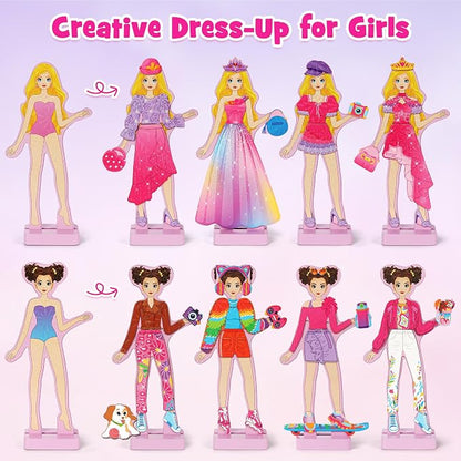 Mocoosy Wooden Magnetic Dress Up Dolls for Kids, Pretend Play Magnet Toys with Storage Case, Travel Game Airplane Car Road Trip Toy On The Go Activity Set Birthday Gift for Girls 3 4 5 6 7 8 Year Old