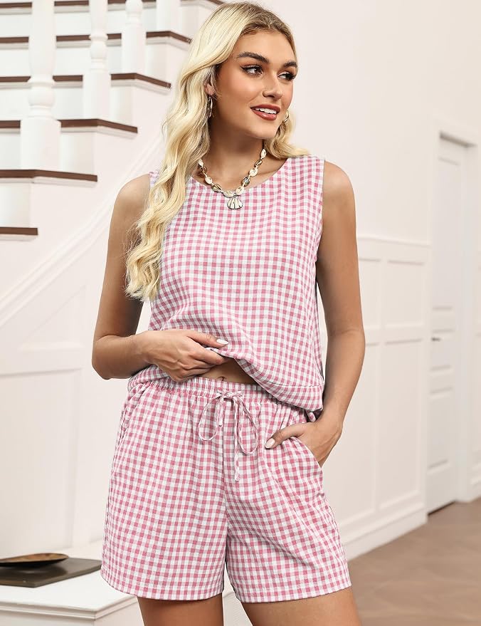 LOMON Women's Trendy 2 Piece Outfits Shorts Sets Summer Crew Neck Sleeveless Tank Top and Bottom Matching with Pockets 2026