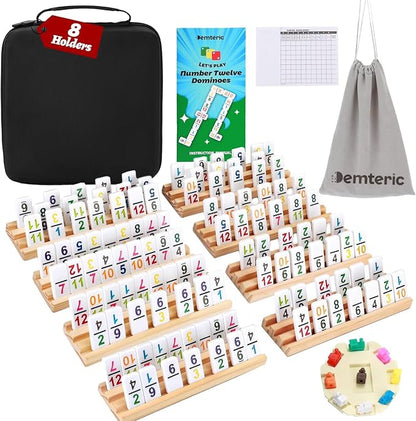 Mexican Train Dominoes Set Double 12 Number Domino Tiles, 91 Colorful Number Dominos Tiles with 8 Wooden Racks, Hub & Trains, Portable Domino Game Set for Adults Kids Families