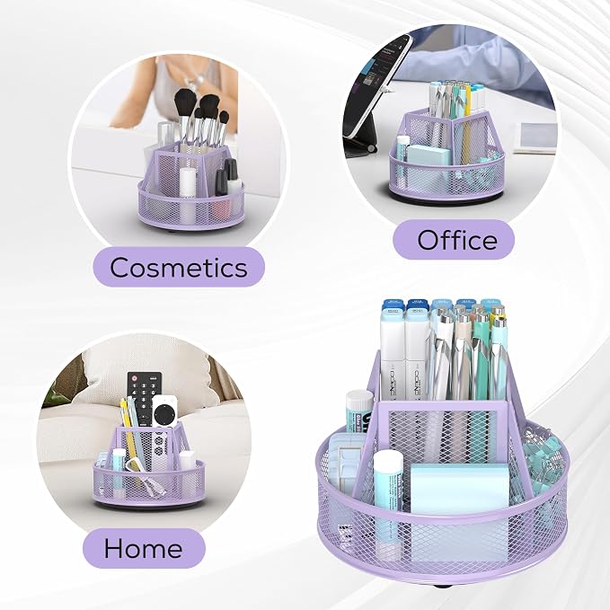 YINGHUA Metal Mesh Desk Organizer with 5 Compartments and Rotating Pencil Holder Pen and Stationery Organizer for Office Home School Anti Slip Base Purple