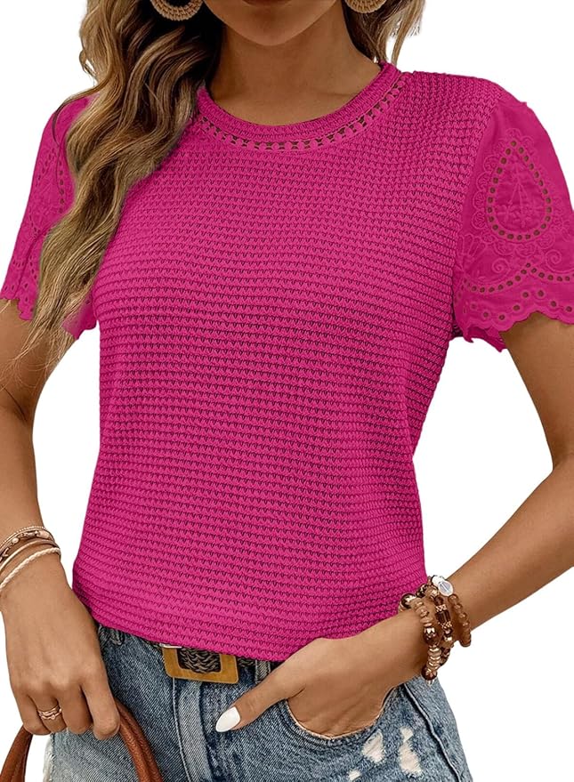 SHEWIN Womens Frenchy Summer Tops Crewneck Short Sleeve T Shirts Casual Waffle Knit Jacquard Blouses Top Shirts