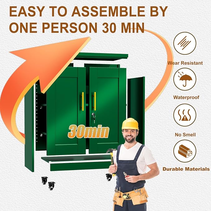 36" Metal Storage Cabinet with Lock,Steel Locker Organizer, Office File Cabinet with 2 Doors and 2 Adjustable Shelves,Outdoor Tool Garage Cabinets for Home Office,Gym,School,Warehouse(Green)