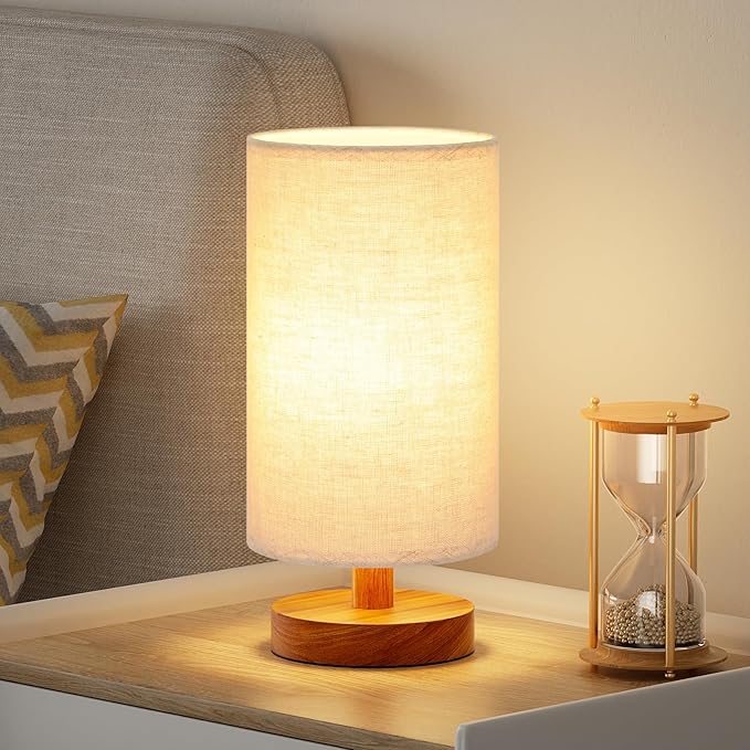 Fenmzee Small Table Lamps (Beige Shade - Walnut Base, 9" Inline Control) | 3000K LED Blub Included | 680 Lumens | Easy Assembly | Minimalist Design | E26 | for Kitchen | for Kids Room