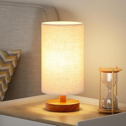 Fenmzee Small Table Lamps (Beige Shade - Walnut Base, 9" Inline Control) | 3000K LED Blub Included | 680 Lumens | Easy Assembly | Minimalist Design | E26 | for Kitchen | for Kids Room