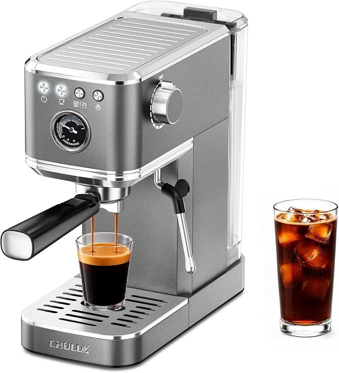 CHULUX Elite Espresso Coffee Machine with Steam Wand for Cappuccino, Gray | Hot and Iced Espresso, 1350W Fast Heating System, Visible Pressure Gauge, PID Temperature Control, Pre-Infusion Technology