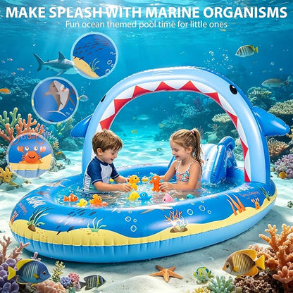 Inflatable Ocean Shark Play Center, Summer Splash Pad Kids Pool with Slide&Sprinkler, Blow Up Toddler Water Pool for Backyard and Garden 96''x59''x39''