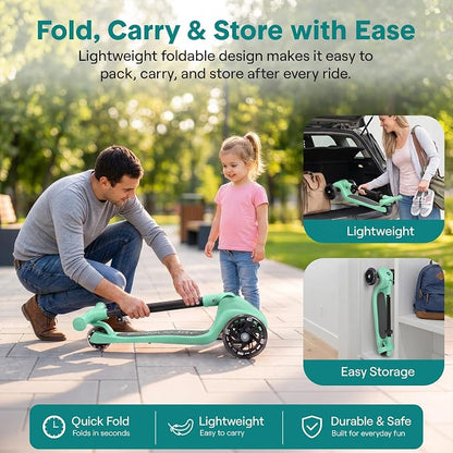 SereneLife Toddler Scooter, Adjustable Micro Scooter for Ages 2-5, Lightweight Kids 3 Wheel Design with LED Light-Up Wheels, Anti-Slip Deck & Lean-to-Steer Control, Indoor/Outdoor Use (Mint Green)