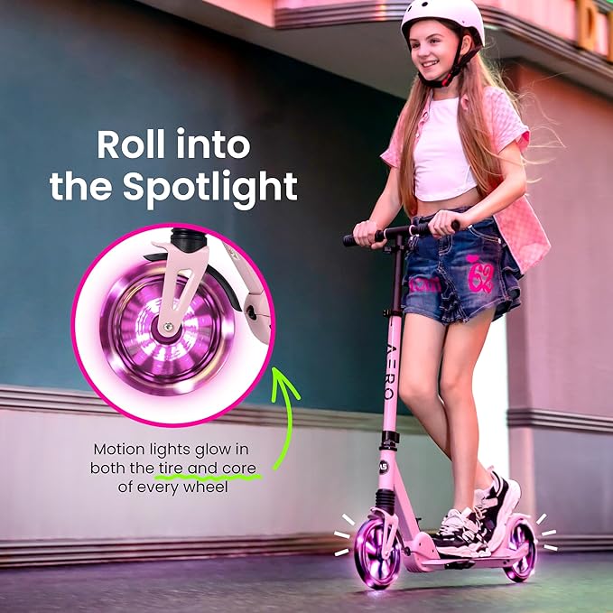 AERO MOBILITY Kick Scooter for Kids 6+, Teens & Adults | Light Up Wheels, Hand Brake, Rubber Deck Mat & Shock Absorption | Foldable & Height Adjustable