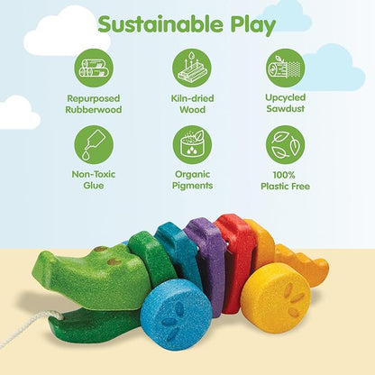 PlanToys® Rainbow Dancing Alligator Pull Toy for Toddlers | Eco-Friendly Wooden Toy with Click-Clack Sound | Walking Toy for Babies