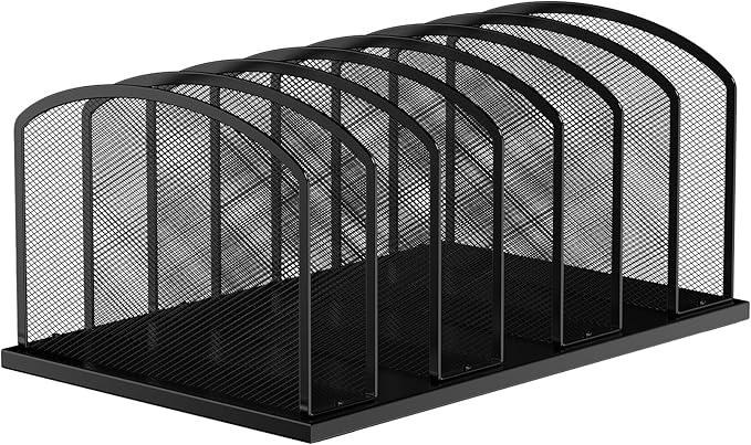 MINDEPOT Desk File Organizer 7 Sections Upright Mesh File Sorter Organizer for Desk, Office Organization File Holder for Home, Office & Classroom (Black, 1Pack)