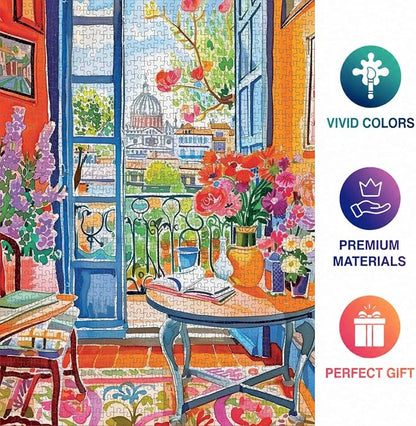Cross & Glory – Room with a Bloom – 1000 Piece Jigsaw Puzzle for Adults | Colorful Floral City View Puzzle | Vibrant Home Interior Artwork | Premium Ribbon-Cut Puzzle with Satin Finish