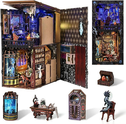 Book Nook DIY Kit,Mysterious Creature Diorama 3D Wooden Puzzle with LED,Bookend Bookshelf Decoration,Miniature Doll House for Home Decor,Chamber of Stranger Beasts