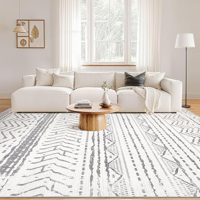 Nakagishi 5x7 Area Rug Living Room: Machine Washable Boho Large Neutral Farmhouse Stain Resistant Indoor Floor Rugs Moroccan Carpet for Bedroom Nursery Dorm Classroom Playroom Dining Room- Grey White
