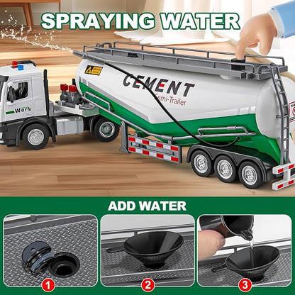 HAPYAD Diecast Semi Truck Toy, Big Tractor Trailer for Boys Toddlers, 18.2" | Large Tanker Truck, Metal Cab, Lights and Sounds, Working Water Pump, Friction Powered Truck and Trailer Toys for Boys Kids