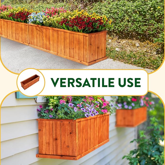 IDZO Wooden Window Box 40 in, Spacious Wooden Planter Boxes with Convenient Drainage Holes, Durable Oil Coated Window Box for Flowers & Plants, Decor Garden, Balcony, Backyard, Easy Assembly