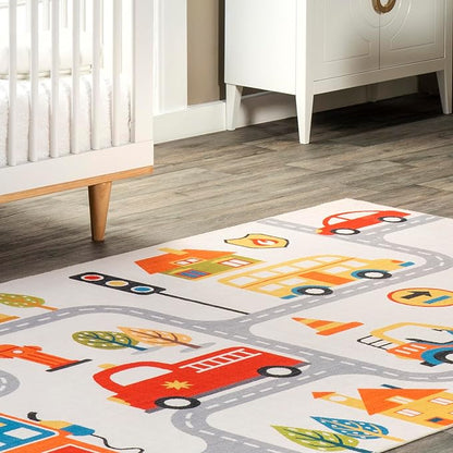 nuLOOM Carmina City Streets Machine Washable Kids Ultra Thin Area Rug, 3' x 5', White Multi