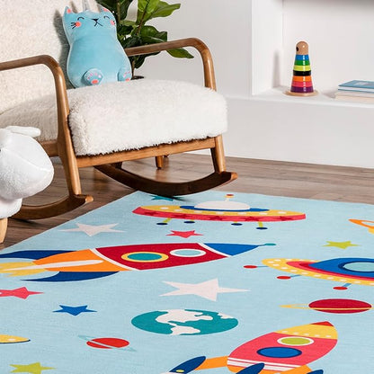 nuLOOM Eddie Outer Space Machine Washable Kids Ultra Thin Area Rug, 7' x 9', Light Blue Multi