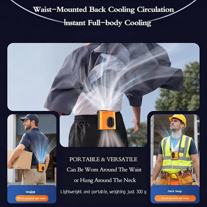 Portable Wearable Waist Iec Fan,with Semiconductor Ice Cooler,10000mAh Rechargeable Clip On Belt Cooling Fan, 100-Speed/16000RPM Personal Body Fans,25H Work Time for Camping, Outdoor, Jobsite（Orange）