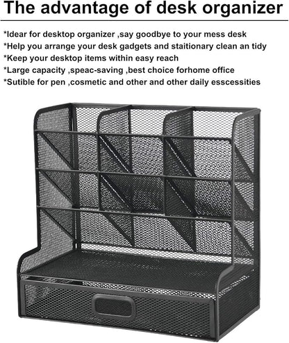 Marbrasse Mesh Pen Holder for Desk, Multi-Functional Pencil Organizer with Drawer, Desk Organizers and Accessories for Office Art Supplies (Large Black)