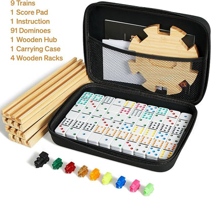 ELONGDI Mexican Train Double 12 Dominoes Set with 4 Wooden Trays/Racks in Portable Carrying Case Colorful 91 Tiles & 9 Trains Board Game for Family Game Night
