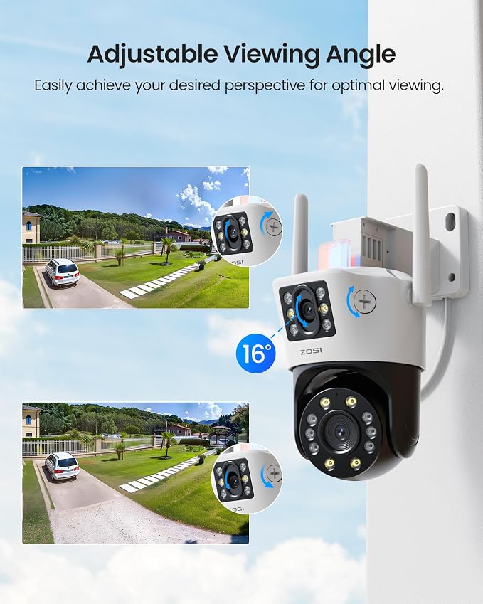 ZOSI C298 4MP Dual-Lens(2MP+2MP) Wired WiFi PT Plug-in Security Camera Outdoor, 360 View Pan/Tilt Camera, Human/Vehicle Detect, Color Night Vision, Spotlight Siren,Two-Way Talk, Memory Card Storage