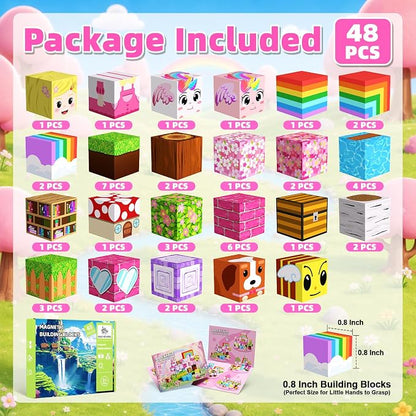 Magnetic Blocks, 48PCS Magnetic Building Cube Set for Kids Ages 3+, Constructions STEM Stacking Tiles Toy Building Birthday Gifts for Girls