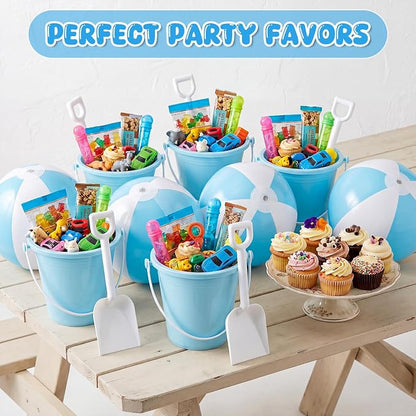 Lunmon 72 Pcs Beach Toys for Kids 24 Set Sand Buckets Shovels Bulk Pastel Beach Balls Inflatable Sand Toys for Girls Boys Toddlers Games Birthday Summer Pool Party Favor (Blue White, Castle)